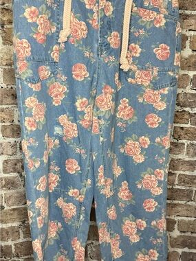 BiBi Blue Denim Overalls with Pink Rose Print